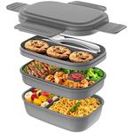 Bento Box Adult - 3 Layers Stackable Lunch Containers for Adults & Kids, 72oz Large Salad Containers for Lunch with Utensil Sauce Dressing Containers for Dining Out,Work,Gray