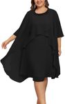 Hanna Nikole Women's Plus Size Chiffon Ruffle Cardigan Cocktail Dress for Wedding Elegant Cocktail Dress Women's Glitter Round Neck for Sequins Dresses Women's Knee-Length Black 28