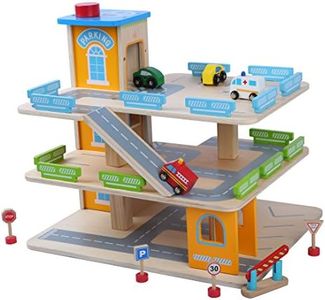 Leomark garage in legno per bambini 44cm x 36cm x 40cm (LxPxA), multipiano parcheggio con ascensore e autos, giocattolo per la casa e la scuola materna con 4 veicoli colorati
