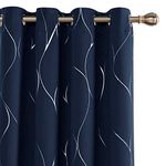 Deconovo Silver Wave Foil Print Blackout Bedroom Curtains, Room Darkening Noise Reducing Window Curtains 2 Panels for Living Room, 52W x 84L Inch, Set of 2 Panels, Navy Blue