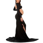 Bhome Maternity Dress for Photoshoot Cut-Out Backless Side Split Maternity Maxi Gown for Photoshoot, Black, S