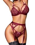 RSLOVE Women Lace Garter Lingerie Set Teddy Strap Babydoll Strappy Bra and Panty Set Wine Red XL