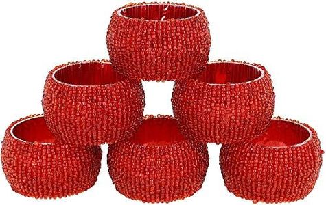 Handmade Indian Beaded Napkin Rings for Christmas, Thanksgiving, Holiday Party, Dinner Party - Napkin Holder Set of 6 (Red)