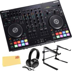 Roland DJ-707M Multi-Channel, 4-Deck Serato DJ Controller Bundle with Stand, Headphones, and Austin Bazaar Polishing Cloth