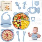 PERRYHOME Silicone Baby Feeding Set, 15pcs Baby Led Weaning Feeding Supplies for Toddlers, Kids Suction Silicone Plates and Bowls Set for Baby Gift (Blue)