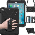 BREACN for iPad Mini Case/iPad Mini 3 Case/iPad Mini 2 Case/Full Body [Shock Proof for Kids Case] -360 Degrees Swivel Stand and Hand Grip Strap/a Shoulder Strap for ipad Mini case for Kids Black