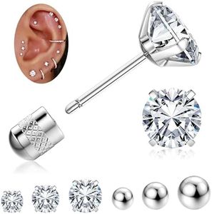 Jstyle Threadless Flat Back Stud Earrings, 6 Pairs Surgical Stainless Steel Stud Earrings for Women, Cubic Zirconia Stud Earrings, Tiny Ball Stud Hypoallergenic Earrings, Small Tragus Cartilage Earrings Set for Men 2mm,3mm,4mm