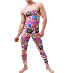 Juflam Men's Fashion Printed One Piece Bodysuit Wrestling Singlet Athletic Leotard Gym Sportswear Undershirt Tank Top (Pink, XL)