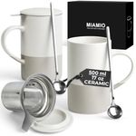 MIAMIO - Tea Cup Set 2 x 500 ml with Infuser and Lid/Ceramic Tea Mug with Infuser and Spoon for Steeping Loose Leaf Tea, Gifts for Tea Lovers - Microwave & Dishwasher Safe (Grey)