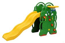 OK Play Freestanding Foldable Elephant Slides for Indoor & Outdoor Home & School | Indoor-Outdoor Plastic Playset For Boys, Girls & Kids | Easy to Assemble & Disassemble | Safe Climb & Slide for Toddler | Basketball Ring with Deflated Ball and Pump for Kids (Yellow-Green)