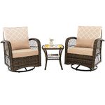 COSTWAY 3 Pieces Patio Rattan Bistro Set, 360° Swivel Outdoor Rocking Chairs and Table Set with Cushions and Pillows, Garden Furniture Set Wicker Conversation Sofa Table for Balcony Yard Lawn Poolside