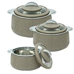 Jaypee Fabrene Serving Set Casserole Set of 3 PUF Insulated |Inner Stainless Steel |Anti Lock Lid Toughened Glass | Hot Box for Serve Chapatti, Dishes, 1000+1500+2000 ml, Beige