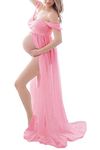 ZIUMUDY Maternity Off Shoulder Chiffon Gown Photography Lace Split Front Maxi Dress for Photoshoot (Medium, Pink)