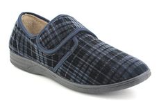 Dr Keller Mens Velour Check Faux Fur Lined Wide Opening Touch Fasten Slippers (8, Navy, numeric_8)