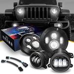 NUVISION LIGHTING NVL-HL-001 7 Inches LED Projector Headlight High Low Beam + NVL-FL-001 4 Inches LED Fog Lights With Halo Ring Compatible with 2007-2018 Jeep Wrangler JK DOT Approved