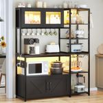 Itaar Bakers Rack with Power Outlet and LED Light, 45.3 Inch Farmhouse Coffee Bar Cabinet, Kitchen Microwave Stand with Storage, Glass Cabinet, Goblet Holder and 8 Hooks, Black