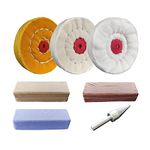 PURUI 7PC 3 Inch Buffing Wheel Kit for Drill or Mini Bench Grinder-Includes 3PC Buffing Wheels with Shellac Pin-Hole Center-3PC 100g Bar Brown, Blue, Rouge Polishing Compound-1PC 1/4" Drill Adapter