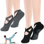 flintronic Yoga Socks, 2 Pairs Non-Slip Pilates Socks with Straps, Cotton Five Toe Grip Socks for Pilates, Ballet, Barre, Barefoot Workout, Dance - Sweat Absorption (Black+Grey)