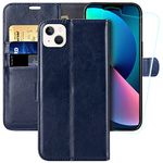 MONASAY Wallet Case Fit for iPhone 14 5G,[Glass Screen Protector Included] [RFID Blocking] Flip Folio Leather Cell Phone Cover with Credit Card Holder Fit for Apple iPhone 14 6.1-inch, Blue