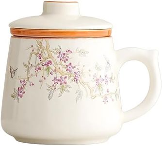 12oz Porcelain Tea Mug with Infuser and Lid, All‑Porcelain Tea Strainer, Mug Body Hand‑Painted Blossoming Pink Peach Branches, Microwave Safe, Lead-Free Glaze,for Loose Leaf Tea & Herbal Teas Steeping
