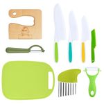 HOTUT 9 PCS Kitchen Safety Knives for Kids, Reusable Children's Cooking Knives with Cutting Board, Wooden Knife, Plastic Knife, Potato Cutter, Peeler, Kids Knives for Vegetables Fruits Salad Cake