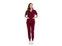 MEDSKIN Women's Medical Scrubs Set Uniform - Stretch V-Neck Scrub Top & Jogger Trousers with 8 Pockets, Yoga Waistband & Performance Fabric (Burgundy, M)