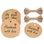 G2PLUS 100 PCS Kraft Gift Tags, 5CM Hand Made with Love Round Paper Tags, Hang Wedding Labels Tag with 20M String for Handmade Present