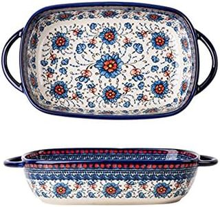 Bicuzat Blue and Orange Flower Vintage Style Ceramic Bakeware Casserole Dish Baking Pan Lasagna Pans with Handles for Oven/Cooking/Kitchen-1 PCS-22 OZ