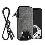 kwmobile Felt Phone Bag with Design XXL - 7" - 17.7 x 8.5 cm Strap Holder - Curious Cat Grey/Black