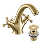 Victoria Golden Bathroom Sink Tap for Basin with Pop Up Sink Plug Dual Cross Lever Gold Brass Swan Neck Bathroom Tap Mixer Traditional Basin Mixer Tap 662WGO