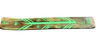 storeindya Handmade Wooden Incense Stick Holder Burner with Green Hand Painted Pattern/Ash Catcher/Great Gift for Any Occasion size 10x1.5 inch