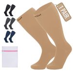 360 RELIEF 1 Pair Plus Size Flight Compression Socks for Women & Men, Supports Blood Circulation, Travel, Edema, Diabetic, Varicose Veins, Pregnancy, Nurses, 3XL, Beige + Laundry Bag