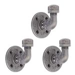 Industrial Pipe Decor Coat Hook Set of 3 - Heavy Duty Wall Mounted, Rustic Iron DIY Style, Steel Grey Black For Entryway, 1/2" inch Threaded Floor Flanges Fittings and Elbows, Three Floating Hooks Kit