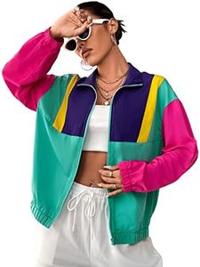 SweatyRocks Women's Lightweight Windbreaker Patchwork Zipper Sport Jacket Coat Outerwear Pink Teal Green XL