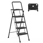 HBTower 4 Step Ladder, Folding Step Stool with Tool Platform, Convenient Handgrip Sturdy Steel Ladder, 330lbs/150 kg Max Load, Black