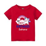 Bouncy Toonz Customised 1st Birthday T Shirt Birthday Decoration Dress for Baby Boys and Baby Girls - Kids Personalised Custom Return Gifts Themed Party (cus-1stbday-unicorn-red-1-2yr)