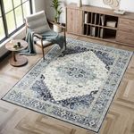 Dripex Washable Living Room Rug 120x170cm, Navy Blue Vintage Rug for Living Room, Machine Washable Bedside Rug for Bedroom Non Slip Luxury Soft Bedroom Rug Traditional Rug for Living Room