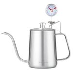 Easyworkz Gage Pour Over Kettle Stainless Steel Gooseneck Long Narrow Drip Spout Coffee Tea Pot (Silver, 600ml with Thermometer)