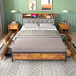 Ufurniture Queen Bed Frame Industrial, Mattress Base with 4 Storage Drawers, USB Ports and Storage Headboard