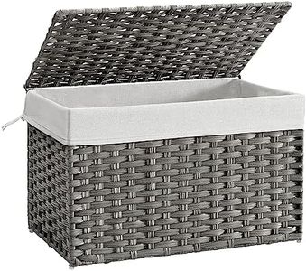 SONGMICS Storage Basket with Lid, Woven Blanket Storage Bin with Handles, Foldable, Removable Liner, Metal Frame, for Bedroom, Laundry Room, 27.7 Gallons (105 L), Gray URST066G01