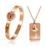 Uloveido Matching Key Pendant Necklace and Lock Bangle Bracelet Set for Couples Women and Men Y474 (Rose Gold)