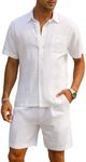 EISHOPEER Men Linen Sets Outfits Casual Short Sleeve Button Down Shirts Cotton Linen Beach Shorts Set White Large