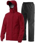 iCreek Rain Suit Waterproof Jacket with Pants 2 Pieces Breathable Lightweight Packable Raincoat with Hooded Rainwear Unisex（XL, Red）