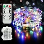 Twinkle Star Christmas Fairy Lights Battery Operated, 33ft 100 LED Waterproof Silver Wire String Light, Remote Control & 8 Modes Indoor Outdoor Xmas Tree Wedding Party Decorations, Multicolor, 1 Pack