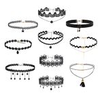 Lusofie 10Pcs Tatto Chokers Necklaces Set Lace Velvet Chocker Black Choker Necklaces for Women Cosplay Halloween Party Dress