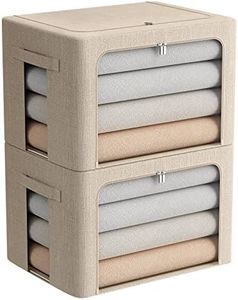 2 Pack Clear Window Storage Bins - Large Stackable Linen Fabric Storage for Clothes Foldable Container Organizer Set with Carrying Handles (Beige, 19.7x 15.7x 12.6 Inch)