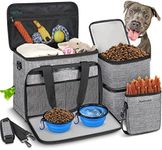 6 Set Dog Travel Bag, Large Pet Travel Kit for Supplies Includes 2 Food Containers, 1 Travel Organizer for Dogs, 2 Collapsible Bowls, 1 Treat Pouch, Dog Weekend Overnight Travel Bags Luggage, Grey