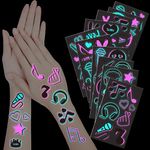 JUNEBRUSHS Glow in Dark Temporary Tattoos, 20 Sheet Glow Theme Party Tattoos Stickers with Luminous Neon Pink Blue Music Crown Note for Adults Kids Halloween Party Concert Make up Fake Face