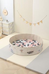 Ubaby - Piscina de Bolas Bebé - Parque de Bolas Infantil - Parque Juegos Plegable 120 x 30 cm - Incluye 100 bolas 7 cm + Alfombra base 0,5cm + Bolsa de Transporte (Oso Nubes gris)