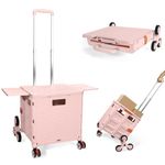 Foldable Shopping Trolley Collapsible Portable Utility Cart with Stair Climbing Wheels Compact Tote Basket with Magnetic Lid Rolling Crate with Telescoping Handle Lightweight Heavy Duty 80kg -Pink